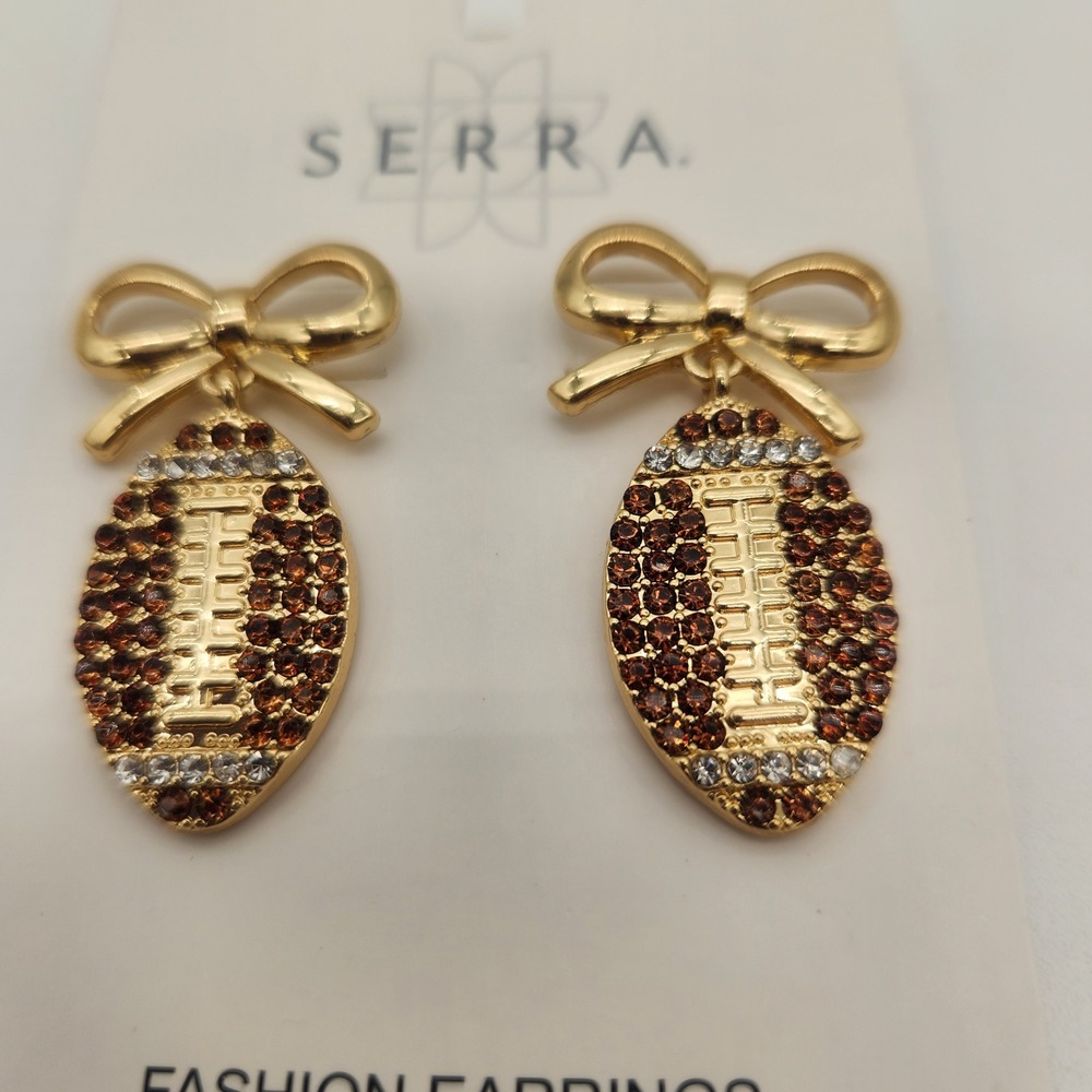 New SERRA Bow Football Earrings‎ Brown Rhinestone Gold Tone Fashion Jewelry NEW